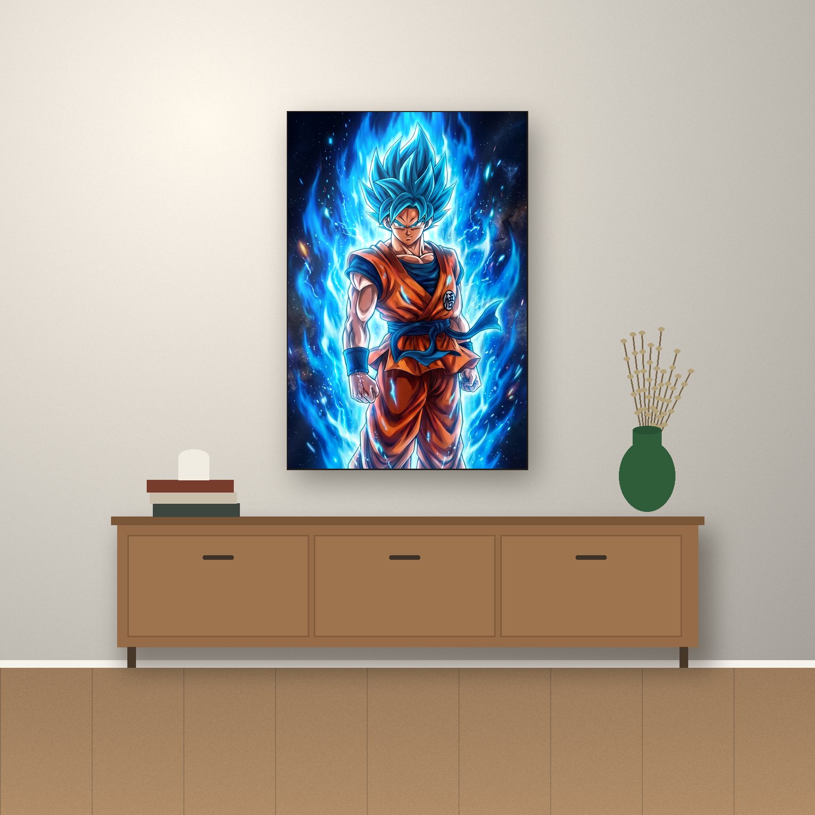 Cuadro goku azul en una sala – Salto Producciones Guatemala