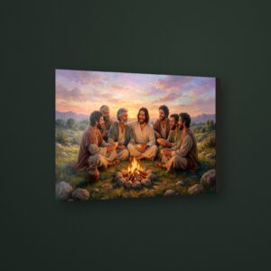 Cuadro jesus discipulos fogata en MDF con vinil brillante – Salto Producciones Guatemala