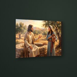 Cuadro jesus samaritana pozo en MDF con vinil brillante – Salto Producciones Guatemala