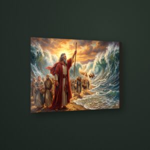 Cuadro moises abre el mar en MDF con vinil brillante – Salto Producciones Guatemala
